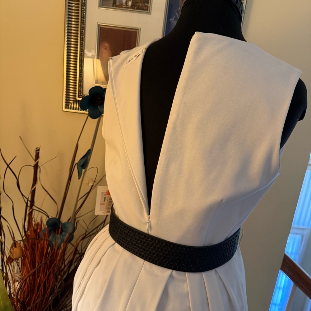 Calvin Klein White Sleeveless Pleated Midi Dress with Black Belt - Picture 5 of 15